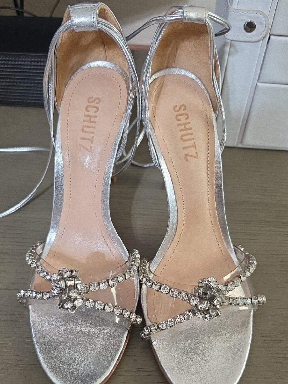 SCHUTZ Silver Crystal-Strap Lace-Up Stiletto Sandals - Picture 2 of 3